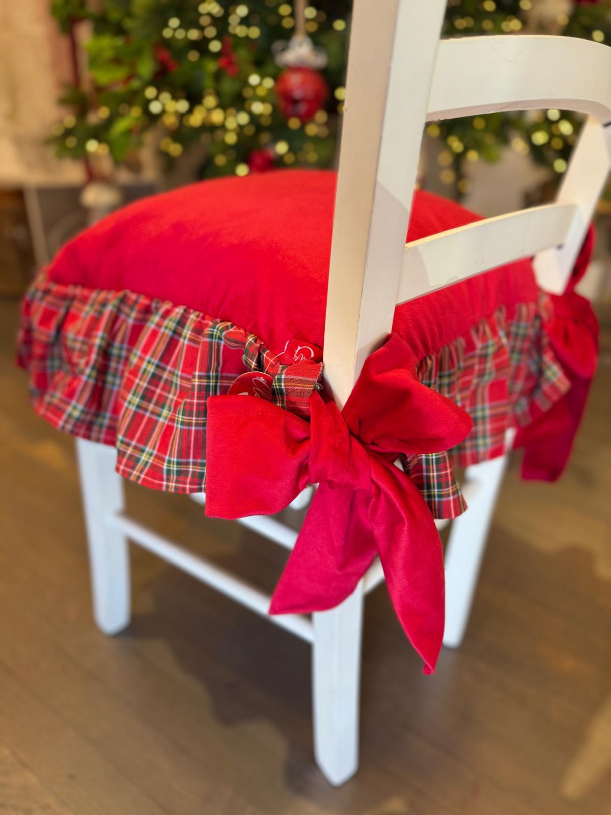 Cuscino da sedia in velluto rosso con balza tartan - 45x45 cm - Clodette